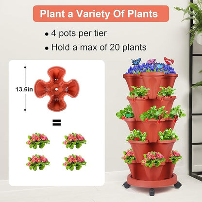 GameXcel Vertical Planter, 5 Tier Stackable Strawberry Planter with Garden Tool Set, Movable Indoor/Outdoor Garden Herb Pot for Growing Vegetables and Succulents, Red