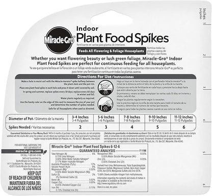Miracle-Gro Indoor Plant Food Spikes, Includes 48 Spikes - Continuous Feeding for all Flowering and Foliage Houseplants - NPK 6-12-6, Pack of 1