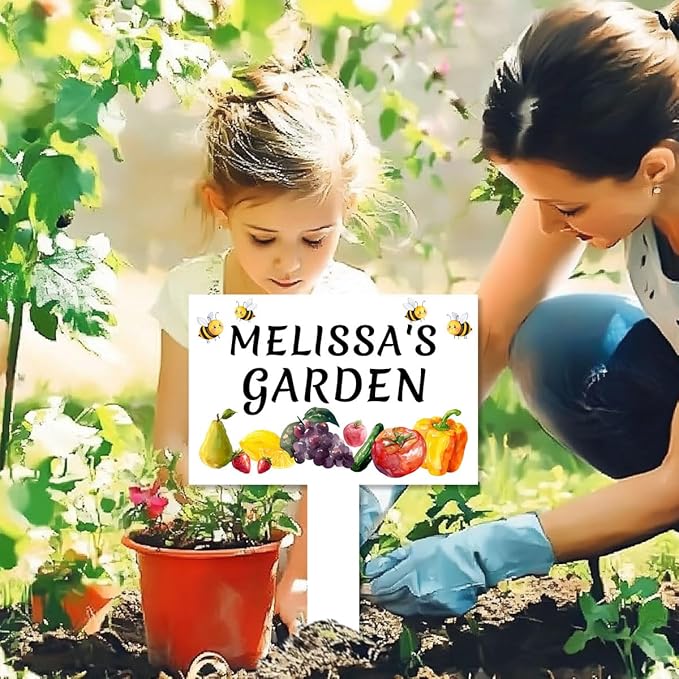 Custom Vegetable Garden Stake Yard Sign Personalized Fruits Orchard Sign Metal Outdoor Garden Name Plaque with Stake, Customized Bee Pear Lemon Grape Tomato Vegetable Signs for Mom Grandma