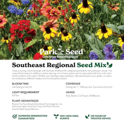 Park Seed Grow Your Own Vibrant Annual and Perennial Wildflower Garden Seeds Mixture, Easy to Grow Varieties for Pollinators and Spring Gardens - Southeast Regional Mix, 1/4 oz