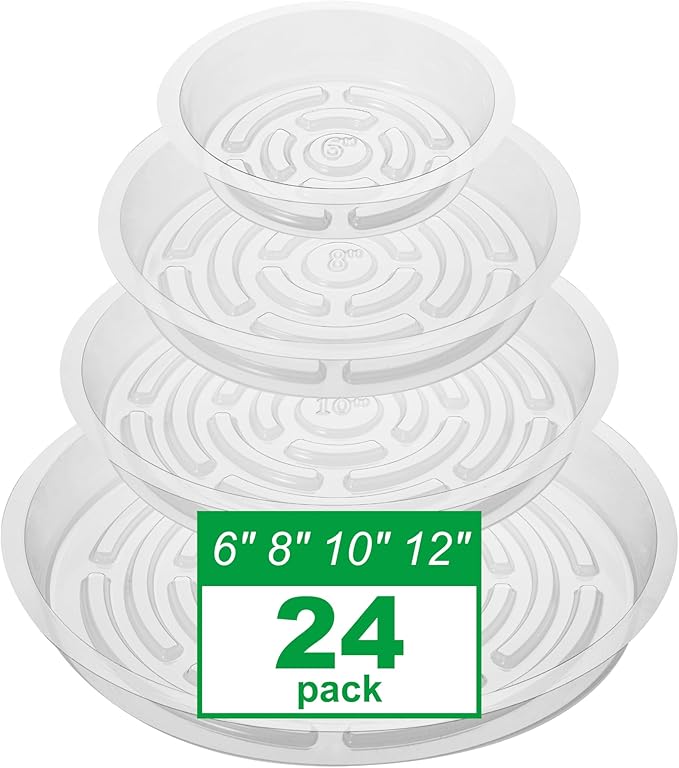 CATIFLIN 24 Pack Clear Plant Saucers - 6, 8, 10, 12 Inch Plastic Plant Trays for Pots, Flower Pot Saucers, Indoor & Outdoor Planter Drip Tray for Water Drainage & Protection