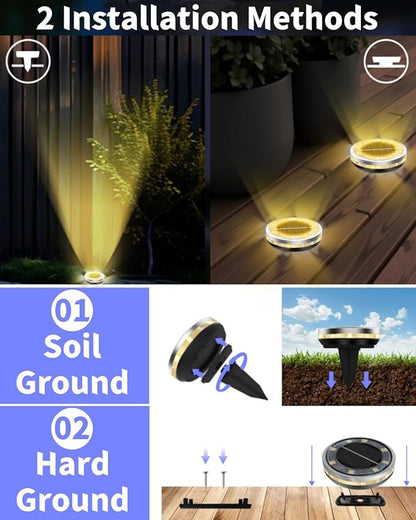 Solar Ground Lights Outdoor 18 Pack Waterproof, Upgraded Solar Garden Lights with 4 Side Light, Stainless Steel Solar Powered Disc Landscape Light for Walkway Lawn Yard Patio Deck-Warm White
