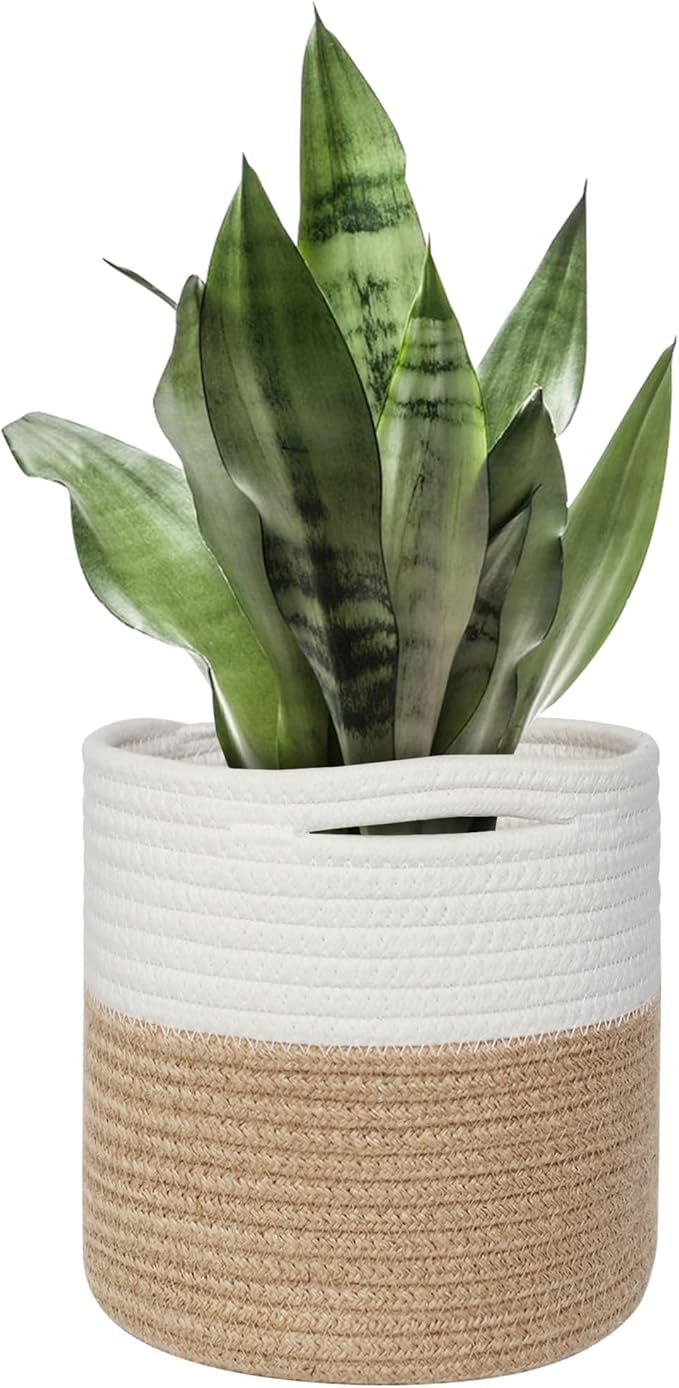 Small Wicker Plant Basket Indoor, 8"x8" Jute Spliced Cotton Rope Basket Planter Up to 7" Pot, Modern Flower Tree Pots Cover, Small Floor Woven Planters, Home Decor Storage Bin