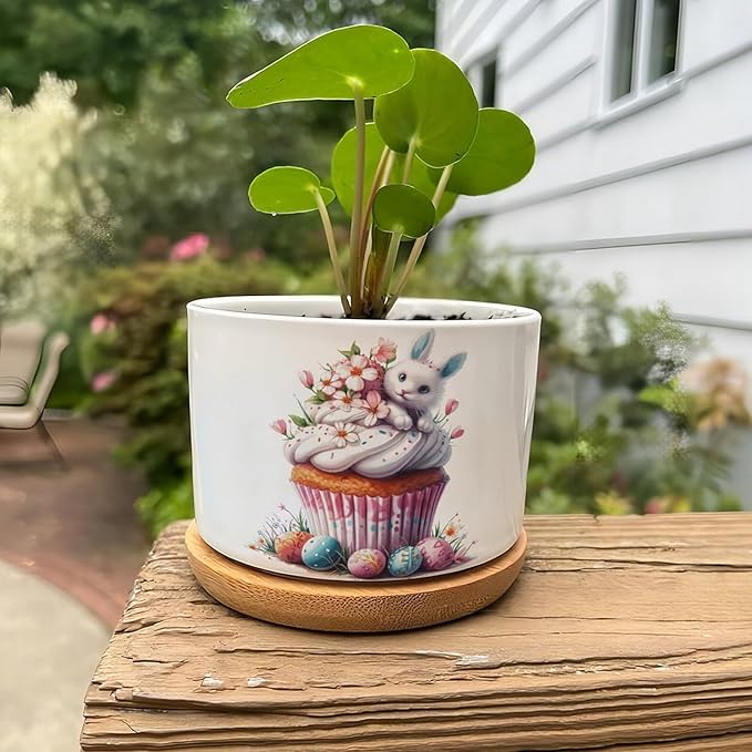 DreamAutumn Easter Cupcake Dessert Planter Ceramic Round Plant Pots with Drainage Holes and Bamboo Tray Planting Small Flower Pots for Home Windowsill Desk Garden Indoor Outdoor Use