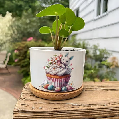DreamAutumn Easter Cupcake Dessert Planter Ceramic Round Plant Pots with Drainage Holes and Bamboo Tray Planting Small Flower Pots for Home Windowsill Desk Garden Indoor Outdoor Use