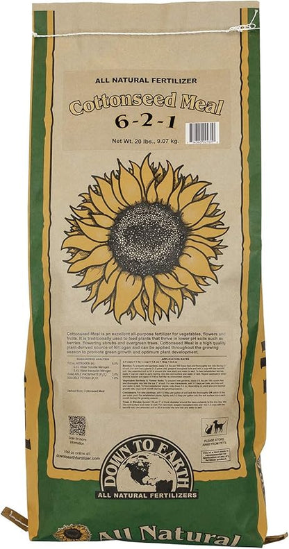 Down To Earth All Natural Fertilizers Organic Cottonseed Meal - Plant Food for Low pH Acid Soil Loving Plants 6-2-1, 20 lb