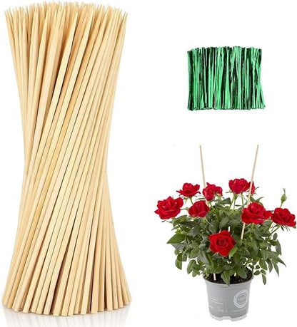 Bamboo Plant Stakes, 100 Pack 16" Sturdy Flower Sticks with Garden Ties, Garden Wood Plant Support Stakes for Orchid Holder, Floral Picks, Potted Plants, Wooden Sign Posting