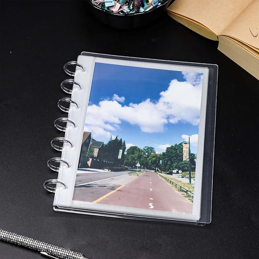 Discbound Photo Album with Clear PET Cover 20 Sheets Clear PP Sleeves 7 Discs Bound Organizer Left Side Open Pockets for Cash Money Stickers Photos Cards (7 Rings 1 Pocket)