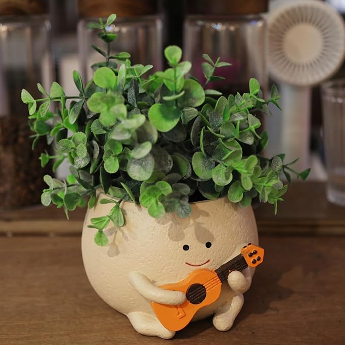 Planter Pot with Drainage Hole Cute Resin Head Planters for String of Pearls Plant Live Unique Guitar Succulent Pots for Indoor Outdoor Plants Gift IdeaI for Christmas (Large)