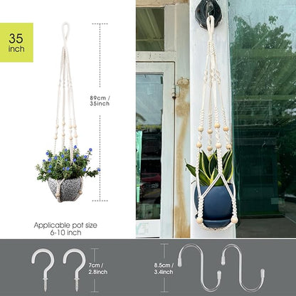 RIFNY Macrame Plant Hanger Indoor, 35 Inch Hanging Plant Holder with Hooks, Large Boho Hanging Basket Plant Hanger for Wall Window Ceiling Plants Decor (White, 1PC)