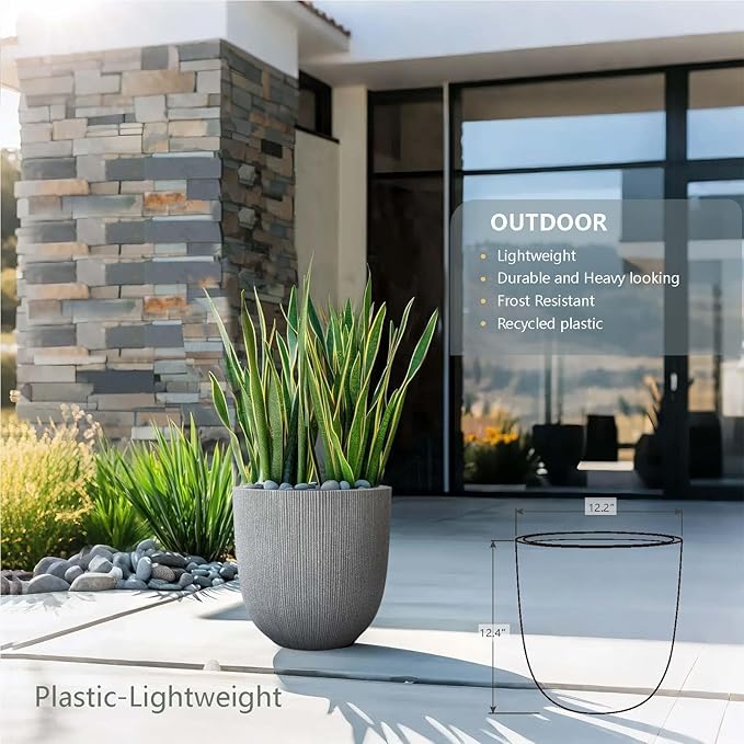 12.4" Tall Round Tapered Planter - Gray Faux Cement Finish, Lightweight Durable Plastic Plant Pot with Drainage Hole & Plug, Weather & UV Resistant Pot for Plants Indoor/Outdoor Use, 10.5" Opening