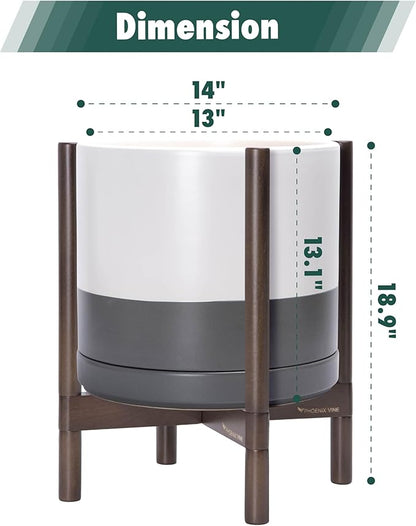 D'vine Dev Ceramic Planter with Walnut Color Stand - 14 Inch Modern Round Flower Pot with Wood Planter Holder, White/Grey, 55-B-T-6