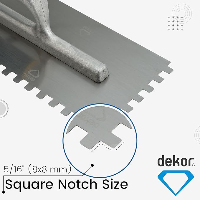 DEKOR Notched Trowel - 18" x 4.75" - Square Notch 5/16" - German Stainless Steel - Tile Tools, Concrete and Drywall Trowel, Made in Europe for DIY & PRofessional Use (Aluminum Handle)