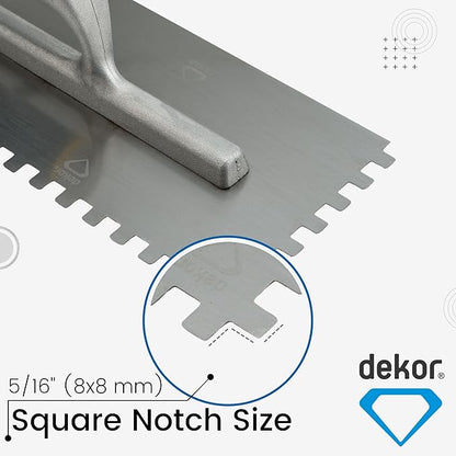 DEKOR Notched Trowel - 18" x 4.75" - Square Notch 5/16" - German Stainless Steel - Tile Tools, Concrete and Drywall Trowel, Made in Europe for DIY & PRofessional Use (Aluminum Handle)