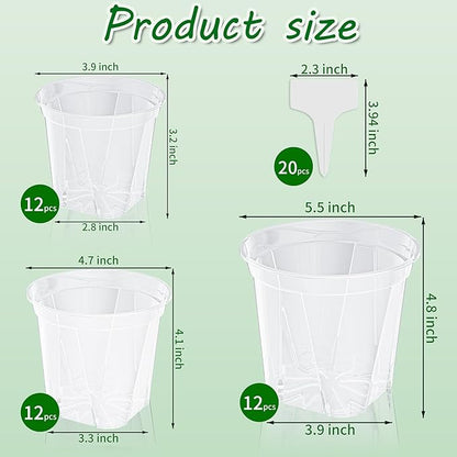 36 Pack Clear Nursery Pots for Plants, 3.9/4.7/5.5 Inch Reinforced Plastic Plant Pots with Drainage Holes High Transparency Plant Pot Seed Starter Pot High Transparency with 20 Plant Labels