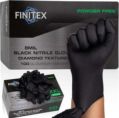 FINITEX Industrial Diamond Texture Nitrile Black Glove - 100/1000PCS Chemical Resistant 8mil Mechanic Disposable Gloves