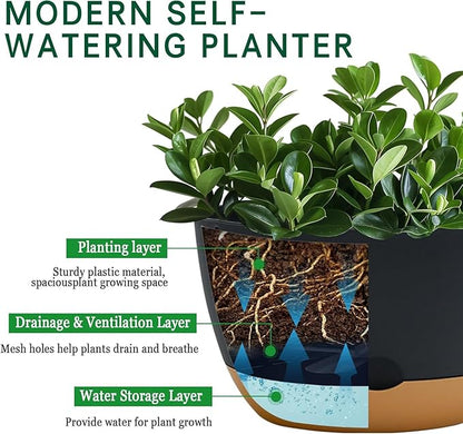 8 Inch Pots for Indoor Plants, Self Watering Planters with Drainage and Saucers, Plastic Outdoor Flower Pot, Set of 2, Grey