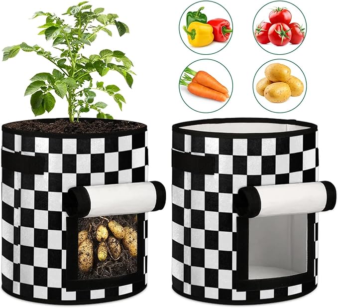 Vegetable Grow Bags Black and White 7 Gallon Thickened Nonwoven Plant Pot Flowers Potato Fruit Plant Grow Bag with Handle Garden Plant Bag Outdoor 2 Pack