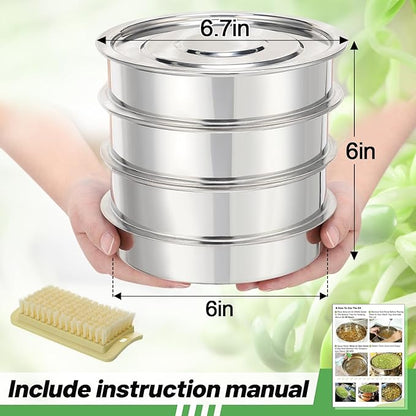 Stainless Steel Seed Sprouting Kit - 4-tier Microgreens Growing Tray 6in Dia, Stackable Round Seed Sprouter Maker with Encrypted Mesh, Sprouts Grower for Beans Broccoli Alfalfa Seeds Wheat Grass