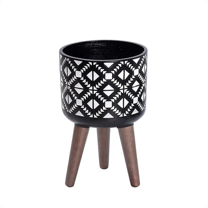 D'vine Dev 8 Inch Planter Pot with Stand, Mid-Century Tall Plant Pot with Legs for Indoor Plants, Small, White/Black, 88-G-A-4
