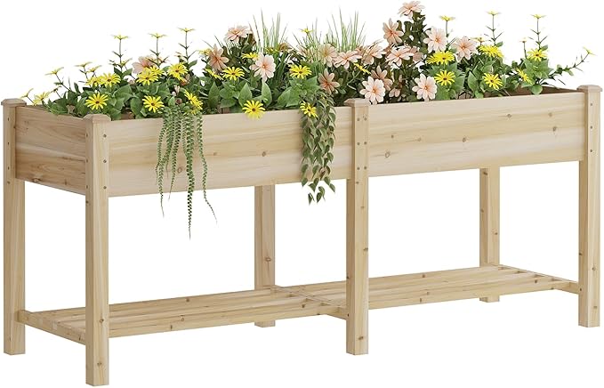 Raised Garden Bed, Planter Box with Storage Shelf, Elevated Wooden Box with Legs, Garden Planter for Backyard, Patio, Balcony, Natural Wood, 72x24x30.7inch (Natural, L)