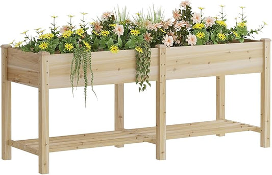 Raised Garden Bed, Planter Box with Storage Shelf, Elevated Wooden Box with Legs, Garden Planter for Backyard, Patio, Balcony, Natural Wood, 72x24x30.7inch (Natural, L)