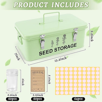 60 Slots Seed Storage Organizer, Metal Seed Saving Box with Lid and Safety Locks, Seed Bin Seed Storage Container with 20 Seed Envelopes and 20 Labels, 3 Compartments, Perfect for Flower Plants Garden