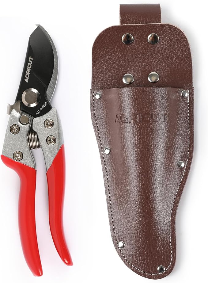 AGRICUT Pruning Shears and Holster - Garden Shears 1 Inch Cut Capacity High Carbon Steel with Pruner Sheath Bypass Garden Scissors Heavy Duty