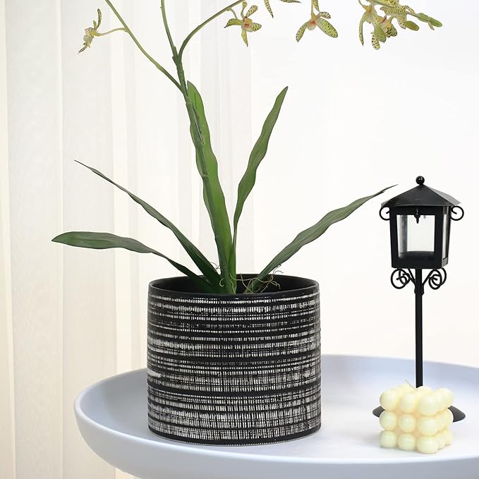 Plant Pots Indoor 2 Pack, 5 & 7 Inch Ceramic Planter Pots with Drainage Hole, Set of 2 Flower Pots - Herbs/Snake/Succulent/Orchid Cylinder Plant Pot(Black)