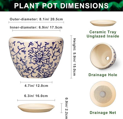 Ceramic Pots for Plants - 8 Inch Plant Pot with Drainage Hole and Saucer, Modern Flower Pots for Indoor Outdoor Plants, Round Decorative Planter, Bedroom Decor, Plant Lover Gift, Retro Blue