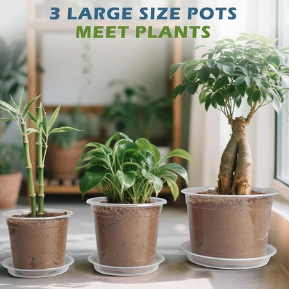 5 Packs 10 Inch Large Clear Nursery Pots with Drainage Hole and Saucers, Plastic Plant Pots for Seedlings, Flowers, Indoor Outdoor Garden