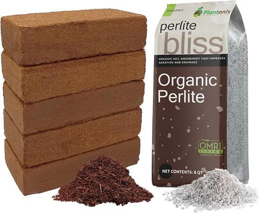 Coco Bliss 650gm Bricks (5-Pack) + Perlite Bliss (8 Qts) - Coco Coir Bricks & Organic Perlite for Plants - Coco Coir Perlite Mix - Organic Coco Coir for Plants - Coconut Coir Bulk Potting Soil Mix
