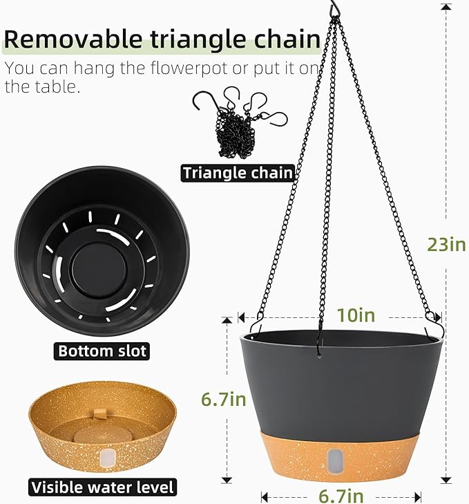 QCQHDU 2 Pack 10 Inch Hanging Planters for Indoor Outdoor Plants, Hanging Baskets Flower Pots with Reservoir Tray & Visible Water-Level