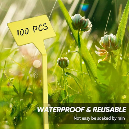 Yinkin 100 Pcs Large Plant Label Signs 11.8 Inch Plant Markers Plastic Garden Label Stakes Waterproof T Type Tags Nursery Garden Signs with Marker Pen for Flower Herb Pot(Yellow)