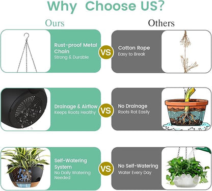 4 Pack 8 Inch Self Watering Hanging Planters for Indoor Outdoor Plants，Hanging Pots for Plants with Drainage Removable Tray, Hanging Baskets Flower Pots for Pothos Spider Garden Black with Brown