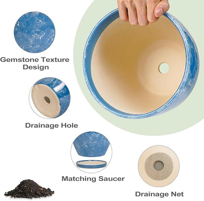 Ceramic Flower Pots - 10 Inch 8 Inch 6 Inch Plant Pots with Drainage Holes and Plant Saucers, Round Modren Planters for Indoor Outdoor, Garden Decor, Gifts for Plant Lovers, Set of 3, Blue