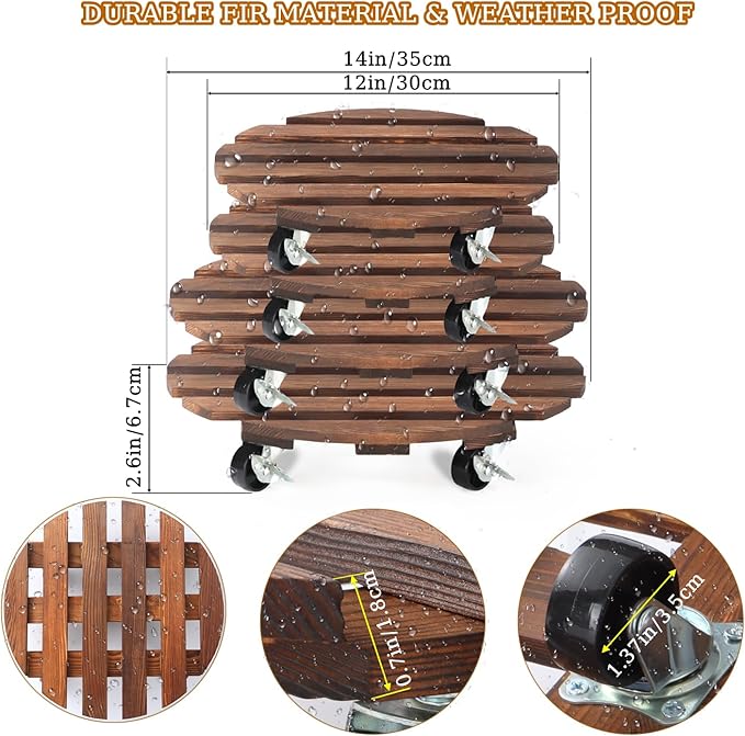 4 Pack Plant Caddy with 5 Wheels, Wood Rolling Plant Stand 220 LB Heavy Duty, Plant Dolly with Metal 360° Lockable Caster Wheels for Outdoor Indoor Large Plant Pots, Flower Pot, Patio (14"+14"+12"+12")