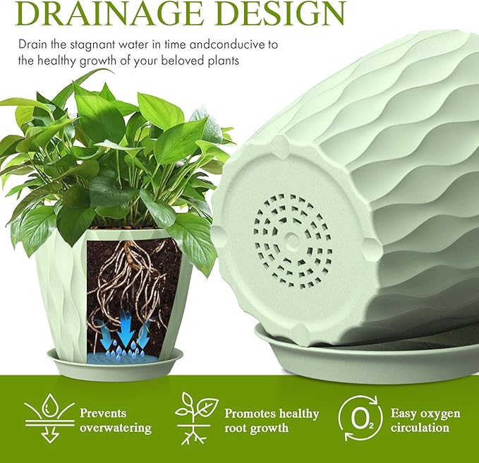 Plastic Plant 8 Inch, 4 Pack with Drainage Holes & Saucers, Water Wave Decorative Plant Pots for Indoor Outdoor Plants, Patio, Garden, Home Decor (4, Green)