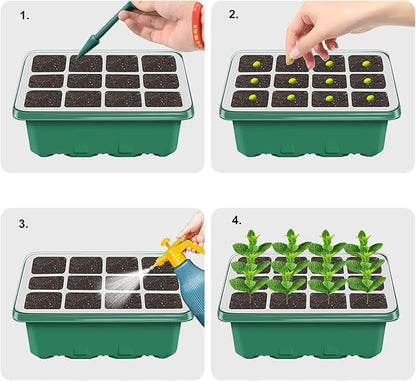 NBPLUS Seed Starter Tray with Grow Light, 5 Pack 60 Cells Seed Starter kit with Humidity Dome and Base, Plant Seedling Trays Indoor Greenhouse Gardening (Green 5 Pack)