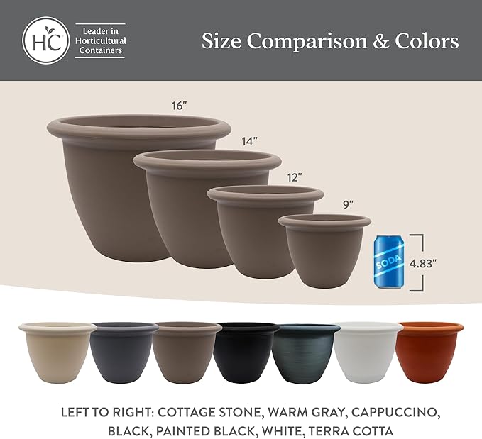 The HC Companies Sevilla Flower Planters - Durable Outdoor & Indoor Planter - Round Lightweight Self Watering Plant Pots for Herbs & More (12" Cottage Stone, Pack of 2)
