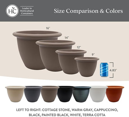 The HC Companies Sevilla Flower Planters - Durable Outdoor & Indoor Planter - Round Lightweight Self Watering Plant Pots for Herbs & More (12" Cottage Stone, Pack of 2)