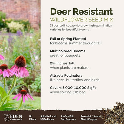 Eden Brothers Deer Resistant Wildflower Mixed Seeds for Planting, 5 lb, 2,400,000+ Seeds with Foxglove, Forget Me Not | Attracts Pollinators, Plant in Spring or Fall, Zones 3, 4, 5, 6, 7, 8, 9, 10