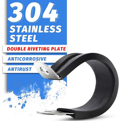 12PCS 1-3/4" Double Cable Clamps with Enhanced Riveted Reinforcement. 304 Stainless Steel and Rubber Cushioned Insulation, for Loop, Pipe and Metal Wire Use