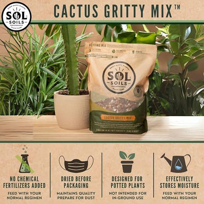 Sol Soils Gritty Cactus Soil Potting Mix - Fast Draining and Peat Moss Free with Coconut Husk Chips, Granite, Calcined Clay & Pumice for Indoor and Outdoor Plants - 1 Gallon