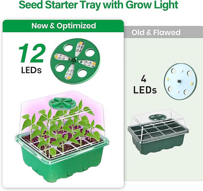 Bonviee 5 Packs Seed Starter Tray with Plant Light, Elevated Seedling Starter Trays Kits with Adjustable Humidity Domes and Clear Cell Tray, 12 Full Spectrum led lamp Beads for Plants Indoor-Green