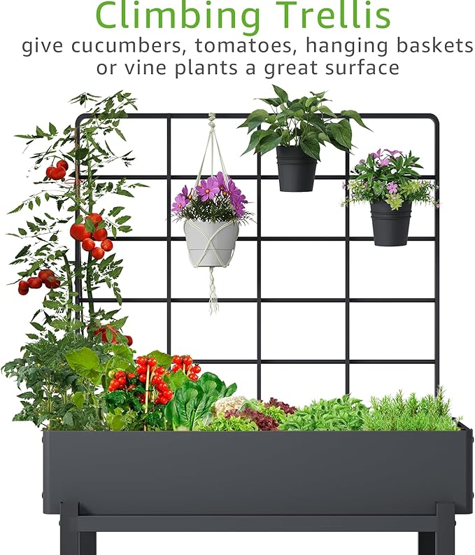 Metal Raised Garden Bed with Trellis, Elevated Planter Box with Legs for Outdoor Patio, Iron Standing Garden Box for Vegetables, Herbs, Flowers, Climbing Plants