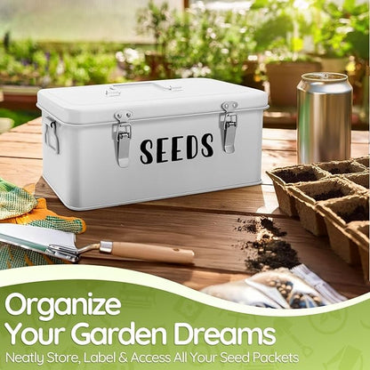 Flexzion Seed Saving Box - Metal Seed Storage Organizer Box with Lid, 4 Spacious Compartments Storage Bin for Garden Tools & More with Safety Locks, White