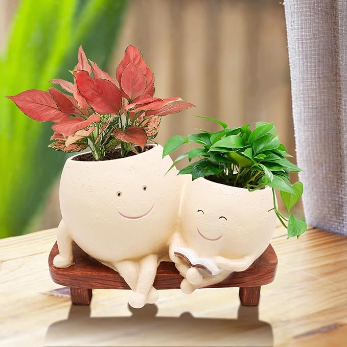 Smily Face Planter Pot for Plants, Cute Double Head Planters for Indoor Outdoor Plants, Modern Lady Head Vase Girl Face Planter, Unique Succulent Pots with Drainage Hole (Khaki)