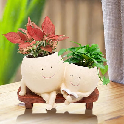 Smily Face Planter Pot for Plants, Cute Double Head Planters for Indoor Outdoor Plants, Modern Lady Head Vase Girl Face Planter, Unique Succulent Pots with Drainage Hole (Khaki)