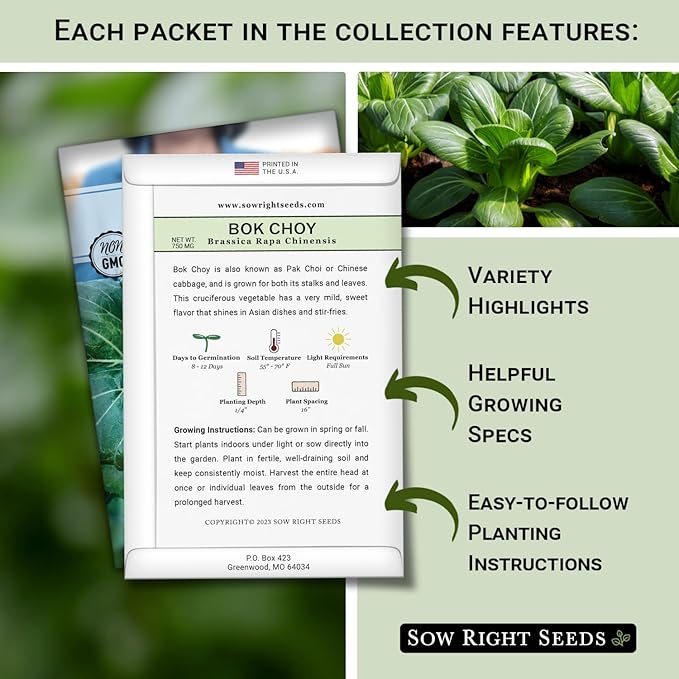 Sow Right Seeds - Asian Greens Seed Collection for Planting - Includes Thai Basil, Bok Choy, Chinese Celery, Tat SOI & Yu Choy Sum - Non-GMO Heirloom Varieties to Plant and Grow Indoors or Outdoors